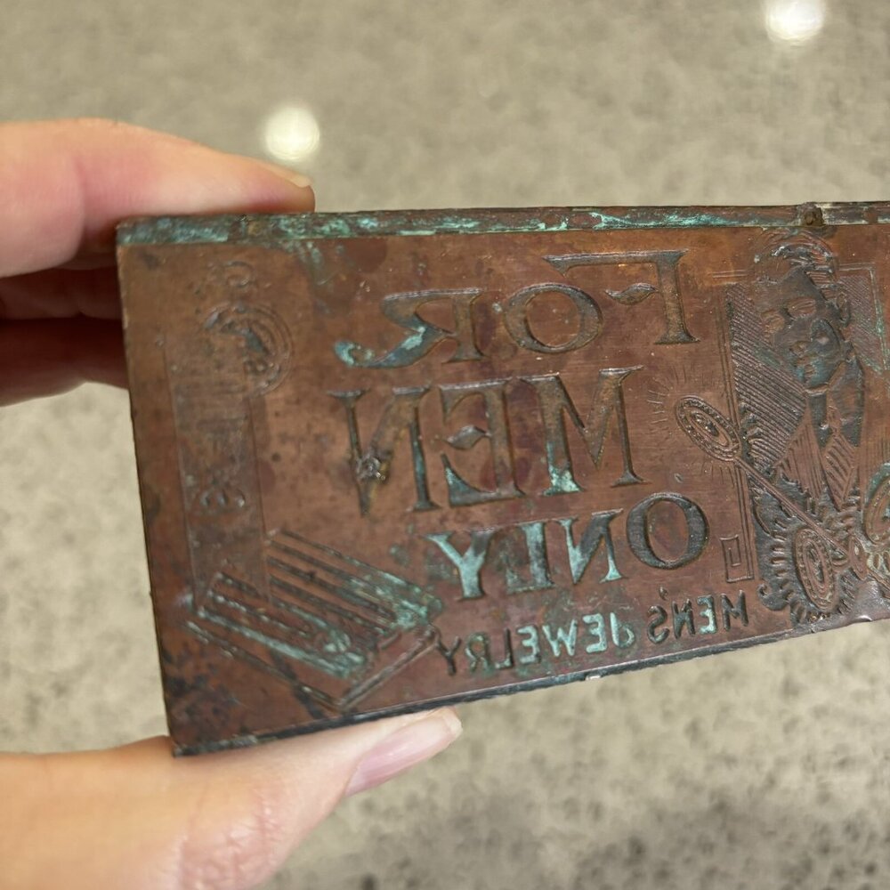 Vintage Antique Copper Wood Letterpress Printing Block “Men’s Jewelry” Crafting - Picture 7 of 8